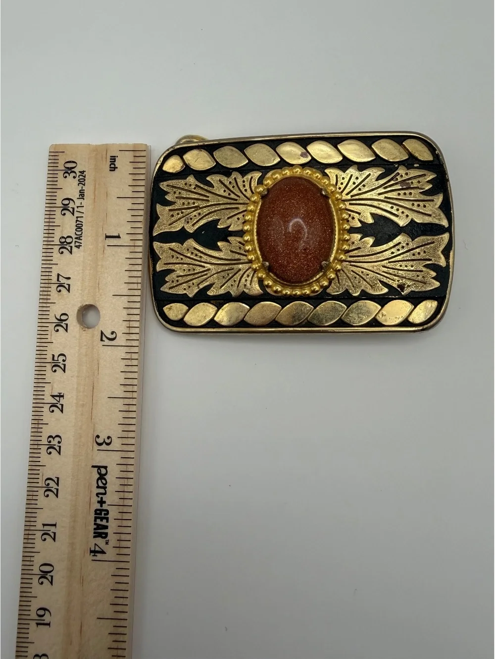 Vintage Gold-Tone Belt Buckle with Brown Oval Stone and Leaf Design, Approx. 3